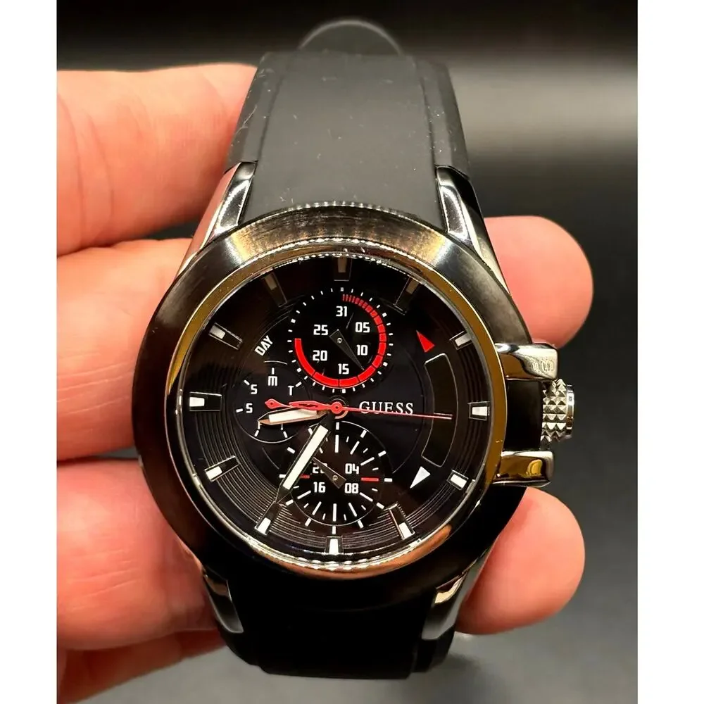 GUESS Waterpro U10575G1 Men’s 45mm Multifunction Black Silicone Watch NWT